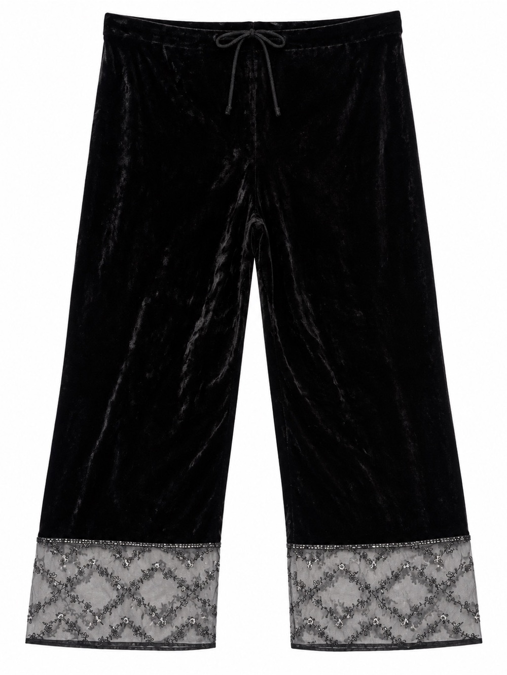 Chico’s Black Velvet Wide Leg Pants Size 2 Silk Blend Sheer Beaded Hem